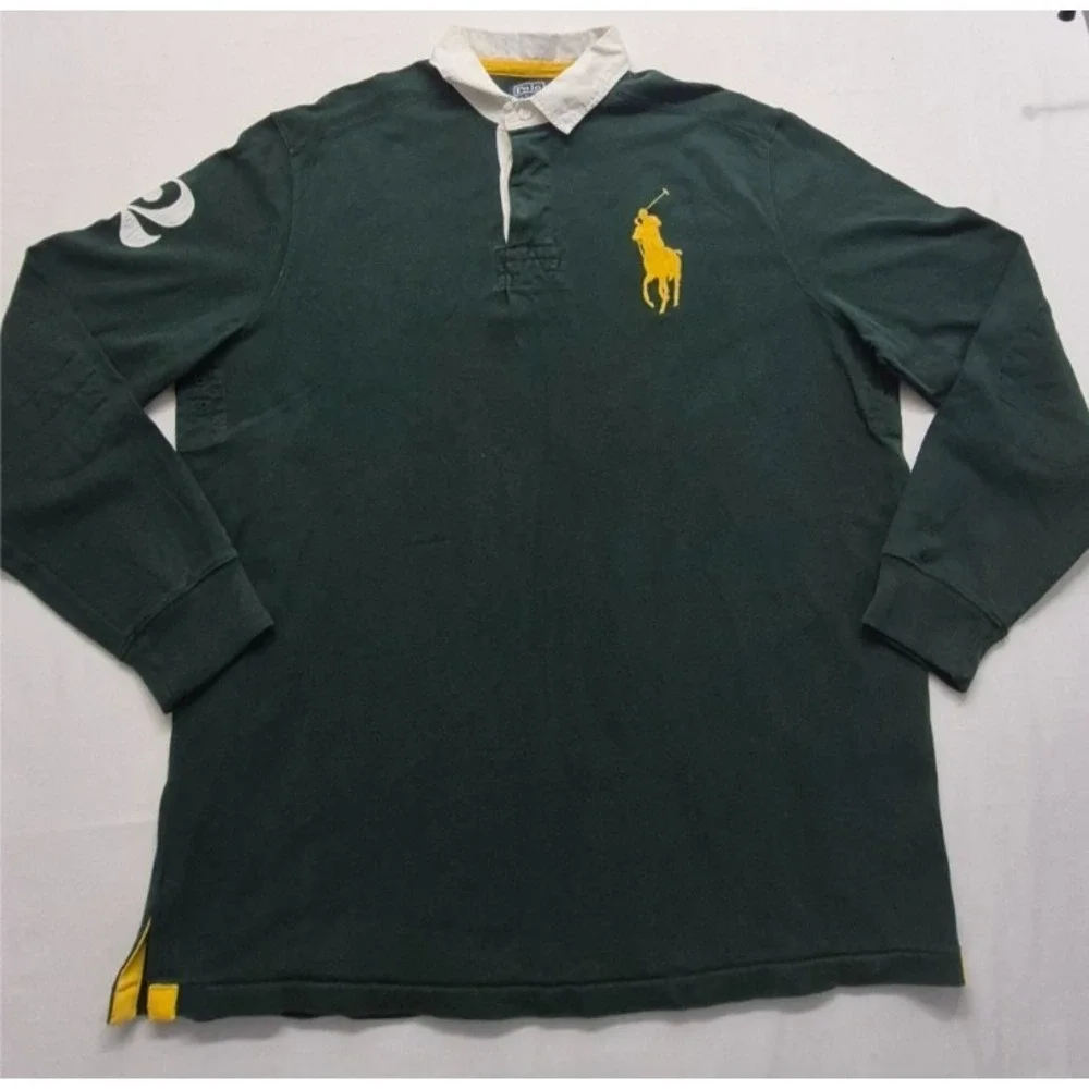 Polo Ralph Lauren men's green rugby shirt Yellow Big Pony Logo #2 LS Y2K‎ VTG
